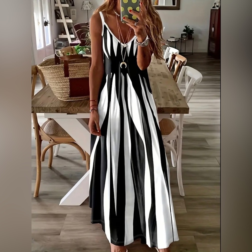 New Abstract Geo Print Maxi Dress Sleeveless Spaghetti Strap Black White Stripe - Picture 1 of 9